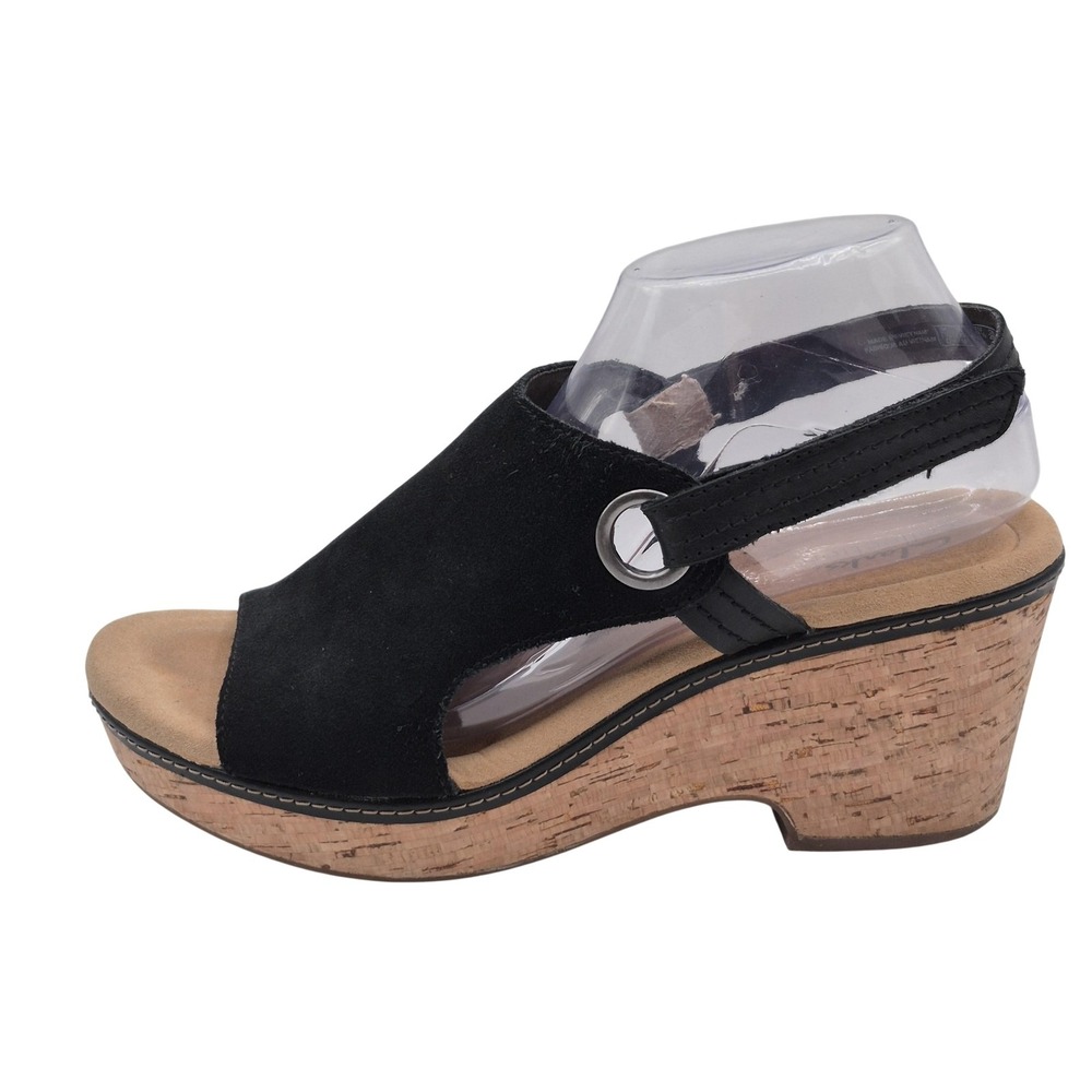 Clarks Sandals Womens Size 10‎ Black Suede Slingback Cork Wedge Open Toe Comfort